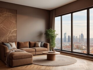 Fototapeta premium Modern Living Room with City View and Brown Sofa
