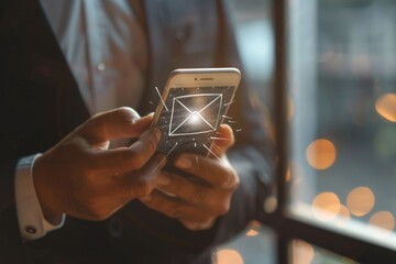 A businessman holds a smartphone on the go