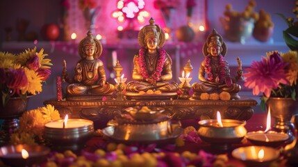 Obraz premium The altar features beautifully crafted deities surrounded by vibrant flowers and flickering candles, creating a warm glow for Navaratri celebrations