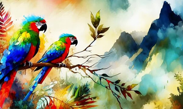 Abstract water painting depicting two parrots on a tree branch