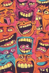 A group of cartoon characters smiling and having fun on a bright pink background