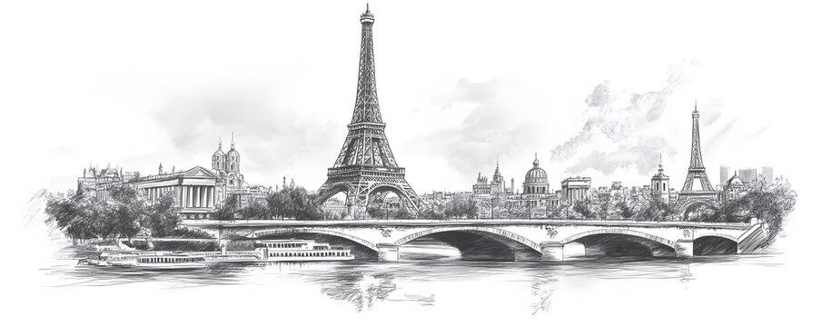Black and White Sketch of the Eiffel Tower and Bridge in Paris