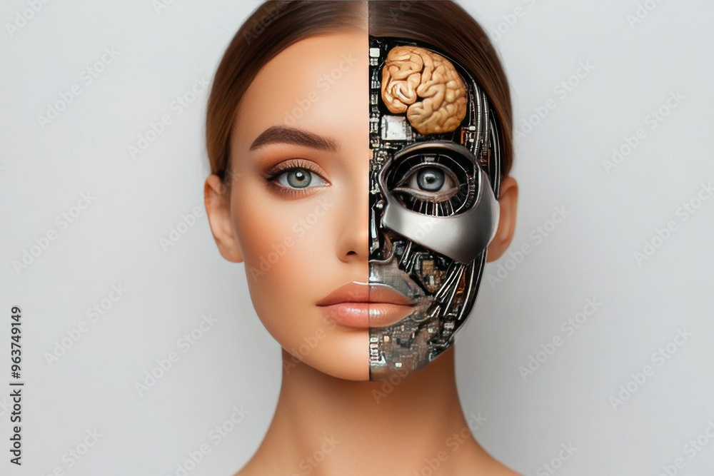 Sticker cognitive abilities brain chip half human half cyborg face showcasing a fusion of human beauty and t