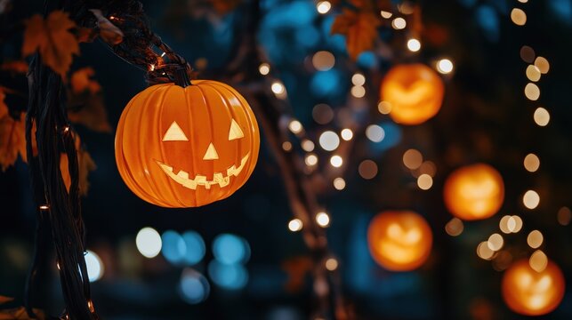 Noite de Halloween misteriosa com ab&oacute;boras iluminadas criando sombras assustadoras em uma &aacute;rvore, em um fundo desfocado