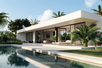 A modern house with a pool in the front yard, perfect for relaxation and entertainment