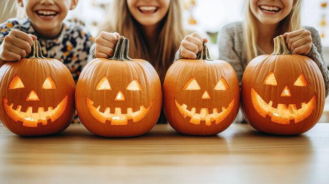 Fam&iacute;lia feliz posando com ab&oacute;boras de Halloween, celebrando a data com alegria e criatividade