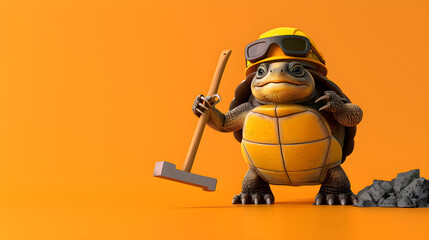 A playful turtle with a yellow construction helmet holding a plastic toy in its mouth.