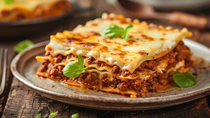 Classic Italian lasagna with layers of rich meat sauce melted cheese and béchamel topped with fresh basil served on a rustic ceramic plate perfect for a cozy homemade dinner