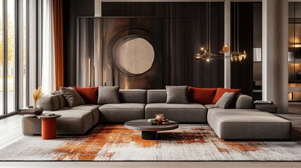 Stylish lounge area with a sectional sofa and statement rug,