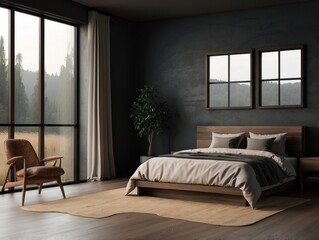 Modern Minimalist Bedroom with Wooden Bed and Forest View