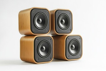 Fototapeta premium Four Wooden Speakers with Black Drivers on a White Background