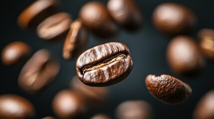 Fototapeta premium A product photo of coffee beans in motion, captured in sharp detail with a blurred background, showcasing the rich tones under studio lighting