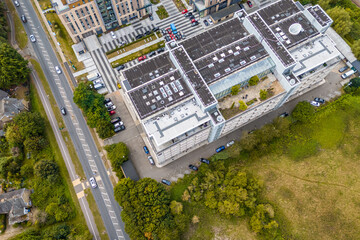 Aerial drone shot of residential buildings in Harlow Town, England