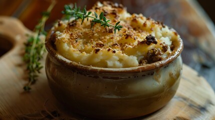 A delicious serving of classic shepherd's pie with a savory meat filling and a golden mashed potato topping, garnished with fresh thyme in a rustic ceramic dish for a comforting meal