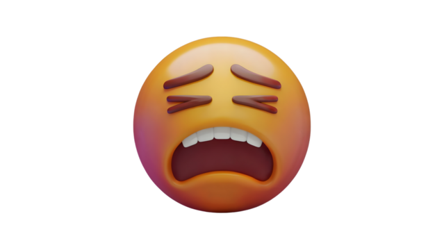 A 3D render of a weary and exasperated emoji, with tightly closed eyes and an open mouth, expressing extreme fatigue or frustration