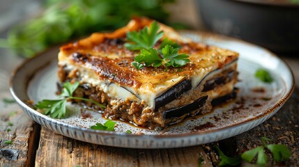 Rustic Ceramic Plate with Classic Moussaka Layers of Eggplant, Meat Sauce, and Béchamel, Garnished with Fresh Parsley Offering a Traditional Mediterranean Dining Experience