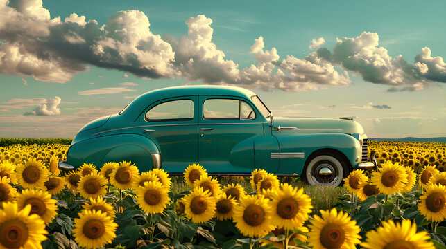 Fototapeta Classic car cruising through sunflower field, nostalgic scene of summer captured in stunning photograph.