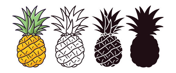 Fototapeta premium Pineapple vector illustration, outline, silhouette on white background