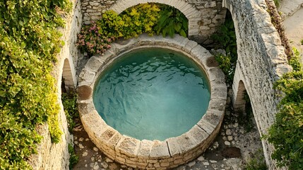 Serene circular pool surrounded by lush greenery and ancient stone architecture, perfect for relaxation and tranquility.