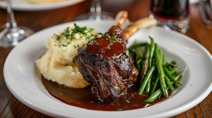 Exquisite presentation of a perfectly cooked lamb shank braised with a rich red wine sauce served alongside buttery mashed potatoes and crisp saut&eacute;ed green beans on a white plate