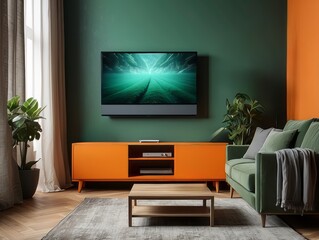 Modern Living Room with Green and Orange Decor and a Television Playing a Nature Scene