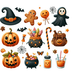 A collection of adorable Halloween-themed icons featuring pumpkins, a witch hat, candy, bats, a cauldron, and other festive elements in a cute style.