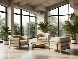 Fototapeta premium Modern Living Room with Large Windows and Tropical Views