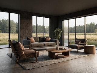 Fototapeta premium Modern Living Room with Rustic Furniture and Expansive Window Views
