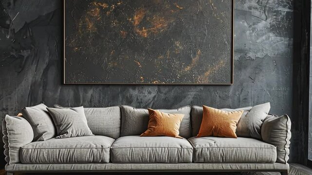 A sleek modern living room featuring a bold white sofa set against dark charcoal walls.