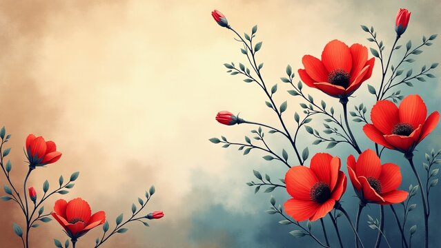 A botanical border of red flowers with a beige background, offering an elegant and delicate floral design