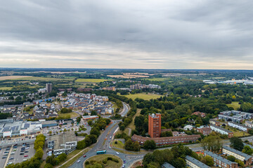 Aerial drone cityscape of Harlow Town, England
