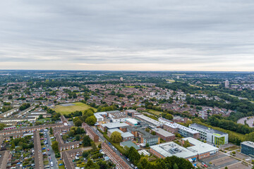 Fototapeta premium Aerial drone cityscape of Harlow Town, England