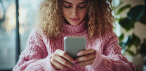 Close-up of a woman’s hand holding a smartphone at her office desk, finger hovering over the screen as she interacts with her phone on National Transfer Money to Your Daughter Day
