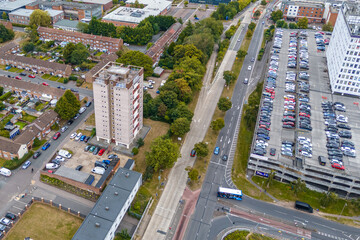 Naklejka premium Aerial drone cityscape of Harlow Town, England