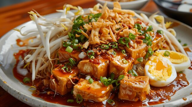 Traditional Indonesian tahu telur with crispy fried tofu eggs topped with bean sprouts rich peanut sauce fried shallots and green onions offering authentic Southeast Asian flavors