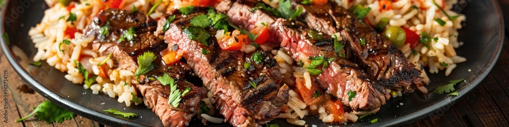 Sticker a savory mexican meal featuring skirt steak accompanied by fragrant rice.