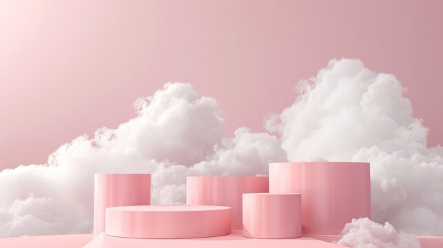 The setup features a variety of pink podiums arranged on a smooth base, surrounded by soft, white clouds against a pale pink sky, perfect for showcasing products in a whimsical setting