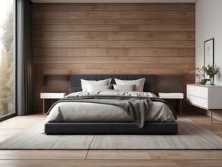 Modern Bedroom Interior with Wooden Wall and Grey Bed