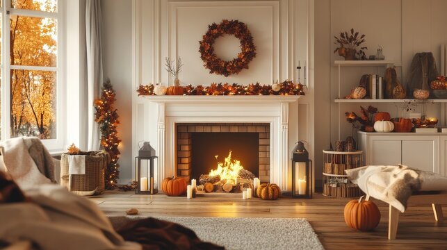 Cozy autumn living room with a fireplace, pumpkins, and festive decorations in a warm and inviting atmosphere