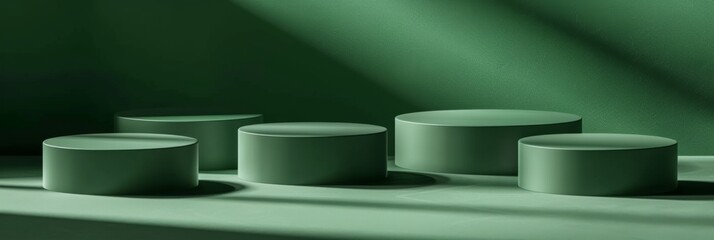 A series of green pedestals arranged on a flat surface create a serene environment, enhanced by soft shadows, perfect for highlighting product features