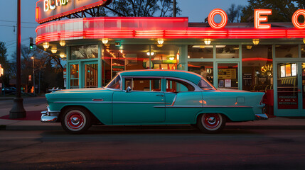 Classic American car outside a 1950s style diner, evoking a nostalgic vibe with neon signs.