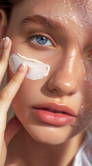Face Cream, Beautiful Young Women Applying
Cream on Face