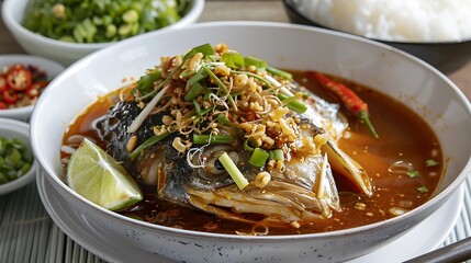 A steaming bowl of spicy catfish soup with tangy lime, green onions, and fried shallots on top, accompanied by a side of fragrant steamed rice to complete the traditional Southeast Asian meal