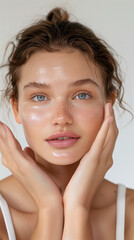 Naklejka premium Face Cream, Beautiful Young Women Applying Cream on Face
