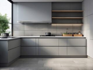 Fototapeta premium Modern Kitchen with Gray Cabinets, Wooden Shelves, and Stainless Steel Range Hood