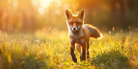 Intrigued red fox balancing on one leg and moving closer to the camera in a sunlit summer meadow, showcasing its bright orange fur as it wanders through a vibrant green field.