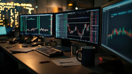 A trader's workspace with multiple screens displaying stock market data during evening hours in a modern office setting