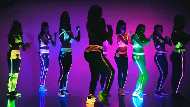 Vibrant Models Showcase Funky Neon Fashion in Dynamic Dance Studio Generative AI