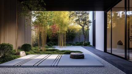 A minimalist Japanese garden with simple bamboo elements raked gravel and sparse greenery creating a peaceful vibe