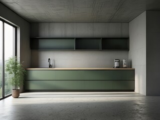 Modern Kitchen with Green Cabinets and Concrete Walls